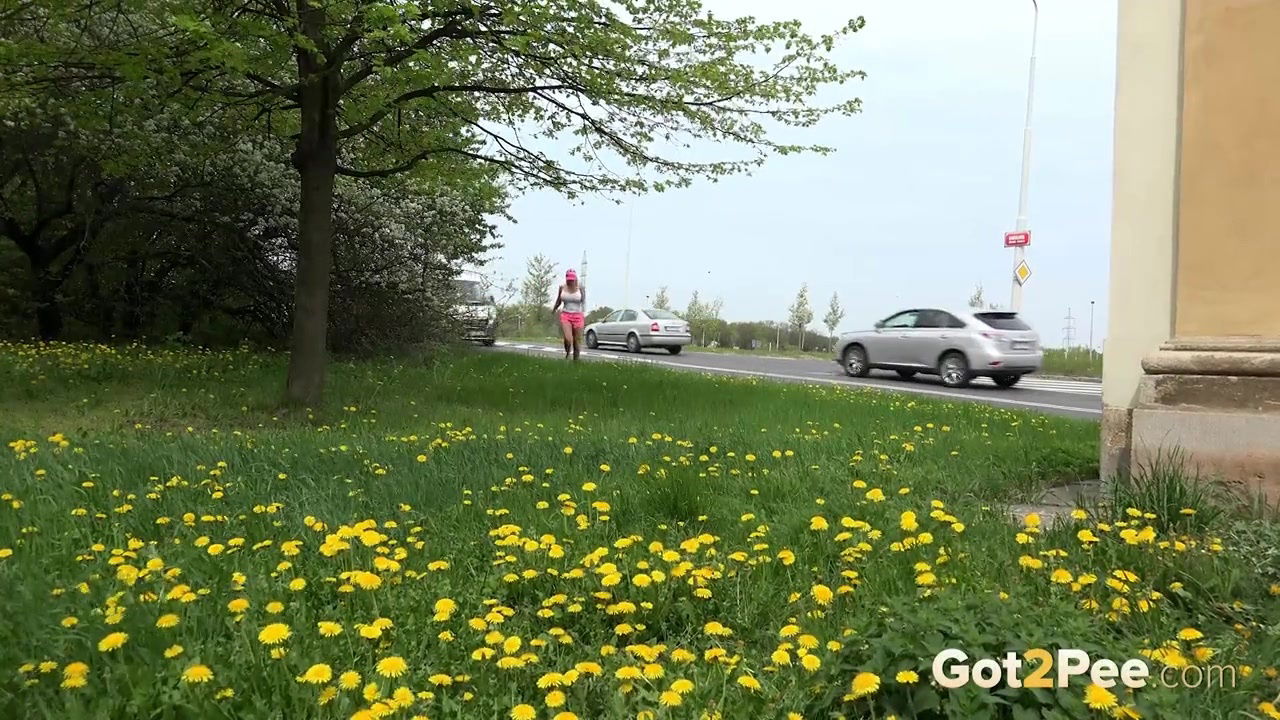 Blonde babe relieves herself in public piss video